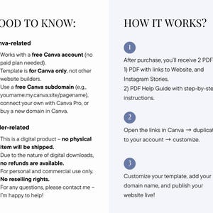 May include: A digital product information sheet with the headings "GOOD TO KNOW" and "HOW IT WORKS?". The text explains Canva-related details, order information, and a step-by-step guide for use. The background is a light blue.