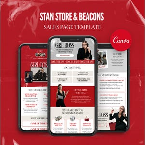 Stan Store Beacons Sales Page Canva Template für Coaches & Kursersteller Link in Bio Mobile Faceless Funnel Landing Page Red Design