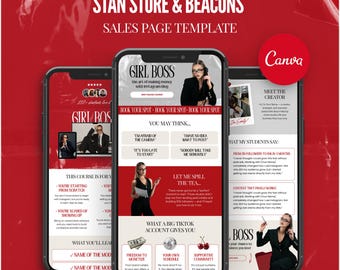 Plantilla de Canva para la página de ventas de Stan Store Beacons para entrenadores y creadores de cursos. Enlace en la biografía. Página de destino de embudo móvil sin rostro. Diseño rojo.