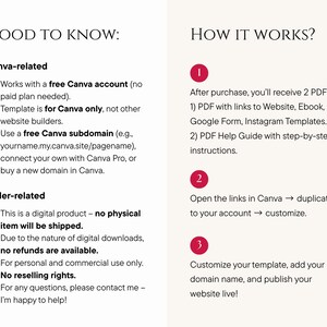 May include: A two-page document with text in black font on a cream background. The left side says "GOOD TO KNOW:" with Canva and order-related information. The right side says "HOW IT WORKS?" with numbered steps.
