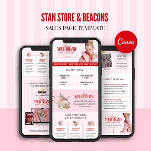 Może przedstawiać: Trzy smartfony wyświetlające szablon strony sprzedaży w kolorze różowym i białym. Szablon zawiera tekst "Boost Your Brand" i "Sales Page Template". Logo Canva jest widoczne w czerwonym okręgu.