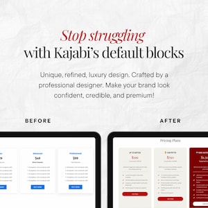 May include: Image comparing website design layouts, labeled "BEFORE" and "AFTER." The "BEFORE" section shows three pricing options: Basic ($29), Advanced ($49), and Professional ($99). The "AFTER" section displays new pricing plans: Starter ($390), Growth ($700), and Accelerator ($1,500). Text at the top reads "Stop struggling with Kajabi's default blocks."