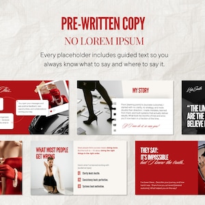 May include: A promotional graphic with a red and white color scheme. The text "PRE-WRITTEN COPY" and "NO LOREM IPSUM" are at the top. Several images and text blocks are arranged on a textured background, including the phrases "Imagine This" and "MY STORY".