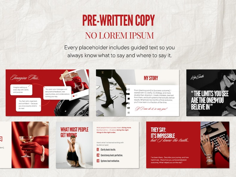 May include: A promotional graphic with a red and white color scheme. The text "PRE-WRITTEN COPY" and "NO LOREM IPSUM" are at the top. Several images and text blocks are arranged on a textured background, including the phrases "Imagine This" and "MY STORY".