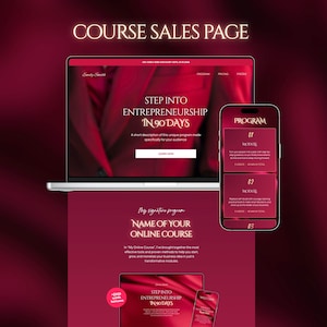 Può includere: Una grafica di marketing digitale con il testo "COURSE SALES PAGE" in alto. L'immagine presenta un laptop e uno smartphone che mostrano un corso intitolato "STEP INTO ENTREPRENEURSHIP IN 90 DAYS". La combinazione di colori è bordeaux e bianco.