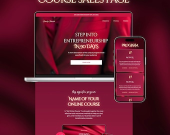 Plantilla de sitio web de Canva para páginas de ventas de alta conversión, embudo de ventas para cursos en línea, coach, landing page, diseño femenino de lujo en rojo.