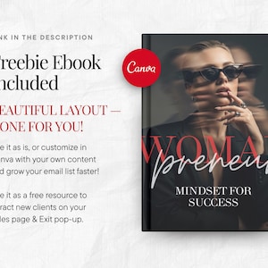 May include: A book cover with the title "WOMANpreneur" in red and white script, featuring a blurred image of a woman wearing sunglasses. The cover also includes the text "MINDSET FOR SUCCESS" and a Canva logo.