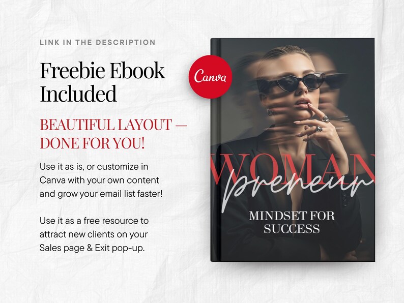 May include: A book cover with the title "WOMANpreneur" in red and white script, featuring a blurred image of a woman wearing sunglasses. The cover also includes the text "MINDSET FOR SUCCESS" and a Canva logo.