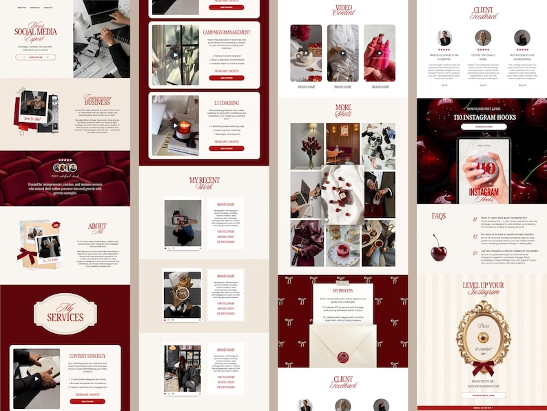Canva Website Template Social Media Manager Instagram Coach Influencer UGC  Content Creator Portfolio Creative Cherry Red Landing Page