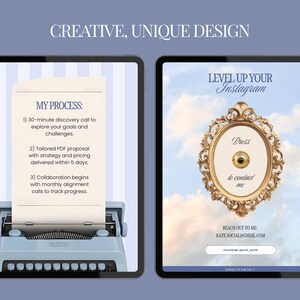 May include: Two digital tablets on a blue background. One tablet displays a light blue typewriter with text that reads "MY PROCESS". The other tablet shows a gold ornate frame with the text "LEVEL UP YOUR Instagram" and "Press to contact me".