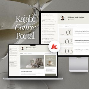 Könnte beinhalten: Ein Laptop und ein Monitor zeigen eine Kajabi-Kursportal-Oberfläche. Die Bildschirme zeigen einen Kursüberblick, eine Willkommensnachricht und ein Video. Das Kajabi-Logo ist sichtbar. Der Text "Kajabi Course Portal" wird angezeigt.