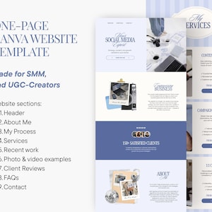 May include: A one-page Canva website template in shades of blue and white, designed for SMM and UGC creators. The template includes sections for header, about me, services, recent work, and contact information. The design features the text "Your Social Media Expert".