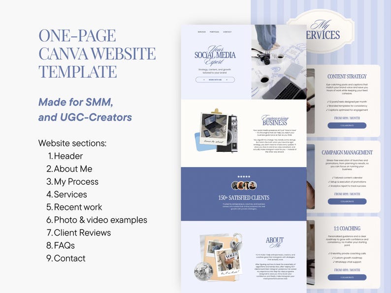 May include: A one-page Canva website template in shades of blue and white, designed for SMM and UGC creators. The template includes sections for header, about me, services, recent work, and contact information. The design features the text "Your Social Media Expert".