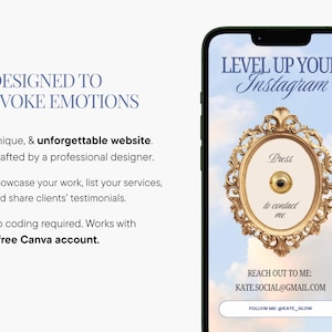 May include: A smartphone displays a graphic with the text "LEVEL UP YOUR Instagram" and a gold ornate frame. The image also includes text: "DESIGNED TO EVOKE EMOTIONS" and "Unique, & unforgettable website."