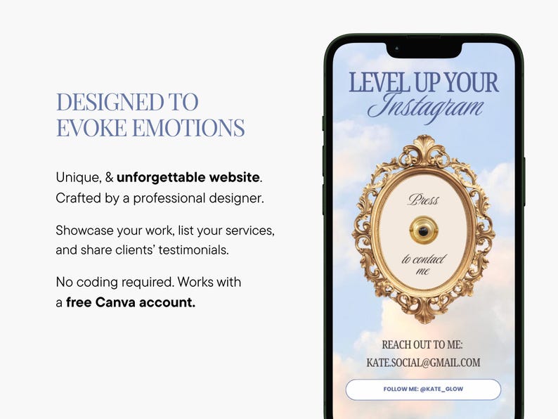 May include: A smartphone displays a graphic with the text "LEVEL UP YOUR Instagram" and a gold ornate frame. The image also includes text: "DESIGNED TO EVOKE EMOTIONS" and "Unique, & unforgettable website."