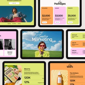 May include: A collection of digital marketing mockups displayed on tablets. The tablets showcase services, pricing, and examples of work. One tablet features a person in a green blazer. Other tablets display marketing packages and client testimonials.