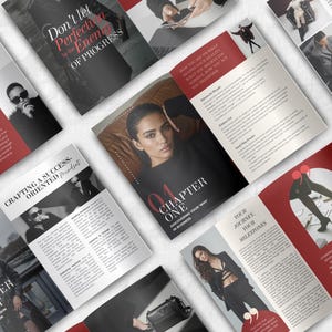 May include: An assortment of open magazines and brochures with red and white accents. The pages feature text, images of people, and headlines like "Chapter One" and "Don't let Perfection be the Enemy of Progress."