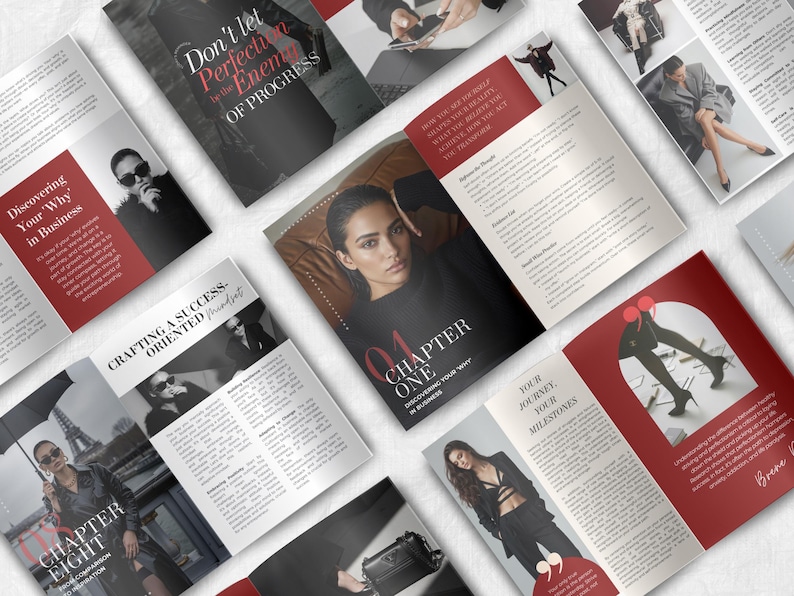 May include: An assortment of open magazines and brochures with red and white accents. The pages feature text, images of people, and headlines like "Chapter One" and "Don't let Perfection be the Enemy of Progress."