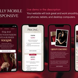 May include: A digital marketing graphic showcasing a website design on four smartphones. The design features a burgundy and cream color scheme with text that reads "Fully Mobile Responsive". The website offers coaching services.