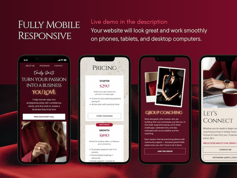 May include: A digital marketing graphic showcasing a website design on four smartphones. The design features a burgundy and cream color scheme with text that reads "Fully Mobile Responsive". The website offers coaching services.
