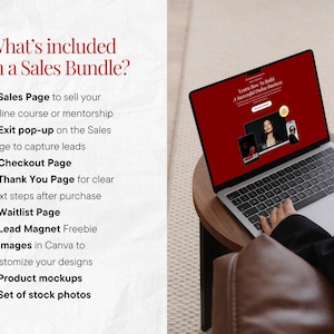 May include: A laptop displaying a website with a red background and the text "Learn How to Build a Successful Online Business." The screen shows images of a woman. The image also includes a list of items included in a sales bundle.