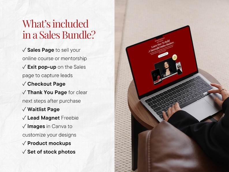 May include: A laptop displaying a website with a red background and the text "Learn How to Build a Successful Online Business." The screen shows images of a woman. The image also includes a list of items included in a sales bundle.