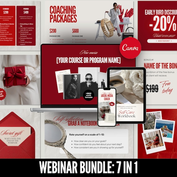 Canva Webinar Bundle Coach Masterclass Course Launch Slide Deck Template Coaching Sales Funnel Lead Magnet Workbook PowerPoint Presentation