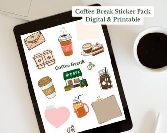 Coffee Break Digital Stickers, Cafe Sticker Sheet, Printable Neutral PNG GoodNotes, Instant Download, Junk Journal, Bujo Ephemera