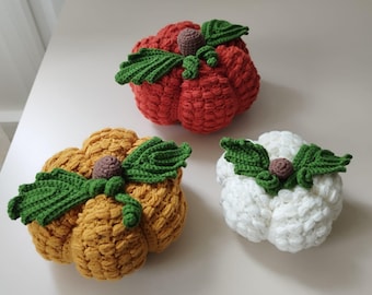 Juego de 3 calabazas de crochet - Decoración otoñal hecha a mano - Decoración otoñal para Halloween - Trío rústico de calabazas de crochet - Decoración para el hogar de Acción de Gracias