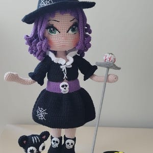 Crochet Witch Doll: Amigurumi Halloween Toy with Cat, Cauldron & Hats