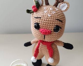 Handmade Crochet Christmas Reindeer with Scarf & Basket