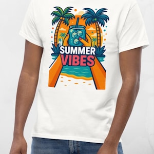 Summer Vibes Shirt, Retro Beach Drink Tee for Men and Women, Funny Colorful Vacation T-shirt, Unisex Soft Alt Clothing
