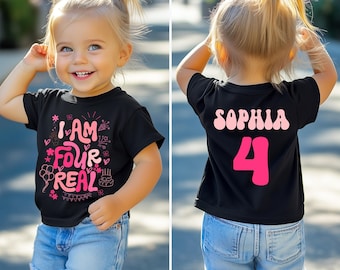 Anpassad Jag är fyra riktiga småbarnströja, fyraåring födelsedagströja, fjärde födelsedagströja med namn, personlig flick-4-års t-shirt