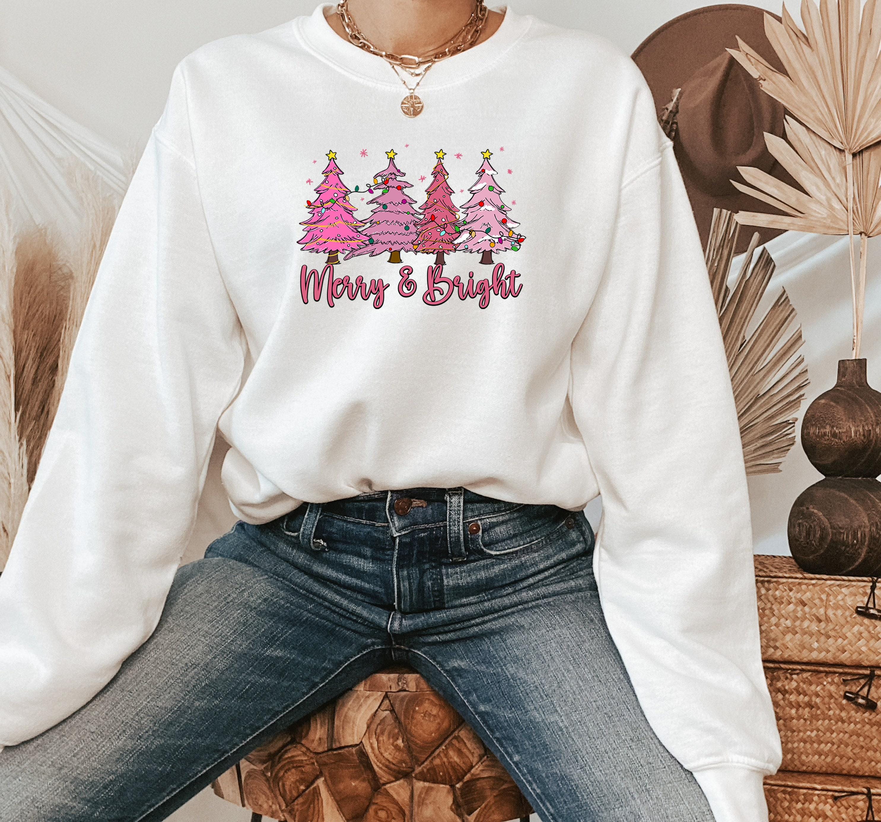 ZRGHAOYLQ Christmas Sweatshirts For Women Plus Size Pink Christmas Tree Graphic Shirts Casual Crewneck Christmas Pullover Comfy Drop Shoulder Long