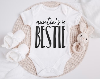 Auntie's Bestie Baby Bodysuit, New Auntie Baby Clothing, Custom Gift For Auntie, Pregnancy Announcement Baby Clothing