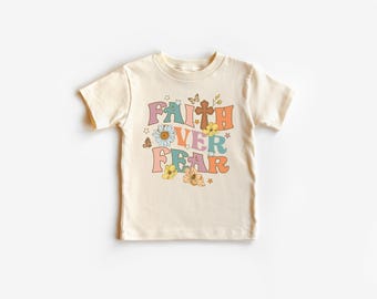Camiseta cristiana para niños pequeños, camiseta "Fe sobre el miedo", camiseta infantil de Jesús, camiseta infantil retro, camiseta infantil y juvenil