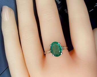 Certified 2.53 Carat Emerald Solitaire Ring, Sterling Silver Genuine Real Natural May Birthstone Jewelry Jewellery Oval Cut er95