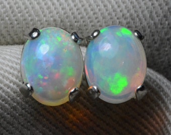 Opal Earrings, 2.13 Carat Solid Opal Cabochon Oval Studs, Sterling Silver Natural Genuine Real October Birthstone Jewelry, Green Pink