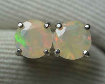 Certified Opal Stud Earrings 0.84 Carat Real Genuine Natural October Birthstone Jewelry, Round Cut Sterling Silver OP40