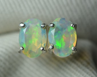 Opal Earrings, Faceted Opal Studs 0.88 Carat, Certified Real Genuine Natural Opal Jewelry, Oval Cut October Birthstone Sterling Silver OP11