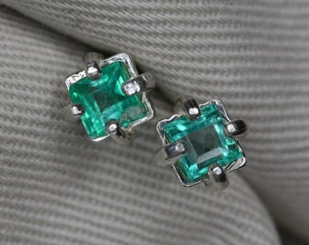 Colombian Emerald Earrings 0.86 Carat Genuine Emerald Stud Earrings 4mm Princess Cut In Solid Sterling Silver LE19