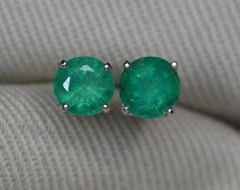 Certified Emerald Earrings 1.09 Carat Colombian Emerald Studs Appraised at 1,090.00 Sterling Silver Real Natural May Birthstone Round EE187