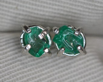 Certified Raw Colombian Emerald Earrings 0.86 Carat Rough Crystal Studs Sterling Silver Real Natural Green May Birthstone Gift For Her EE142