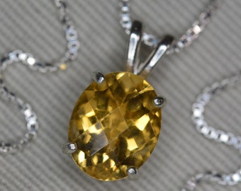 2.70 Carat Citrine Necklace Oval Checkerboard Cut Sterling Silver Pendant Real Natural Genuine November Yellow Birthstone Jewelry