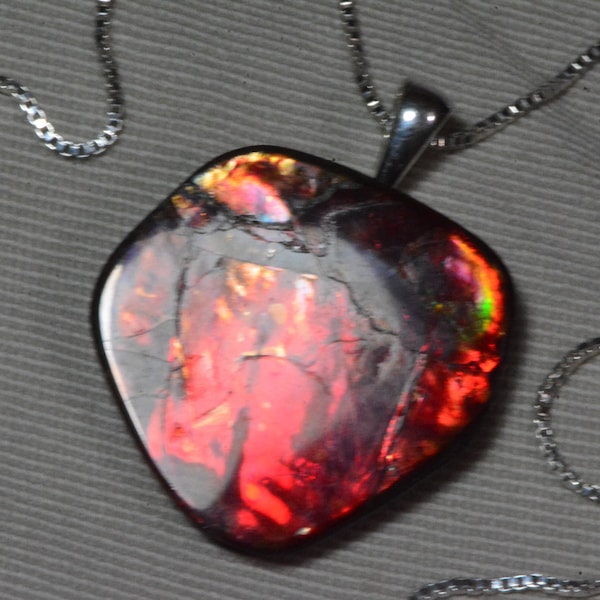 Red Ammolite Necklace, Sterling Silver Pendant, Genuine Natural Real Ammolite Jewelry Jewellery #F159