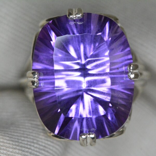 Certified Amethyst Ring 21.18 Carat Sterling Silver Solitaire, Concave Cut Genuine Real Natural Purple February Birthstone Jewelry AM145