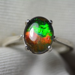 Ammolite Solitaire Ring Sterling Silver 10x8mm Size 6 1/2, Fine Quality Real Genuine Natural Canadian Ammolite Jewelry Gift For Her R53