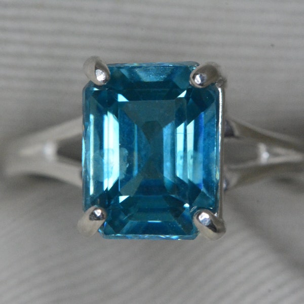 Certified 6.59 Carat Vivid Blue Zircon Ring Sterling Silver Real Genuine Natural December Birthstone Jewelry Emerald Cut BZ19