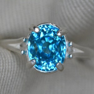 Certified 4.40 Carat Blue Zircon Ring Sterling Silver Solitaire Real Genuine Natural December Birthstone Earth Mined Gemstone Jewelry BZ99
