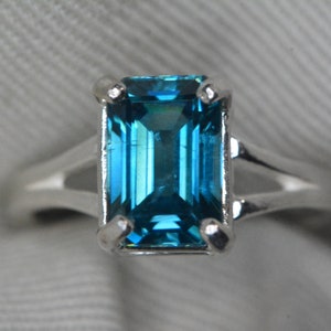 Certified 3.90 Carat Vivid Blue Zircon Ring Sterling Silver Real Genuine Natural December Birthstone Jewelry Emerald Cut BZ18